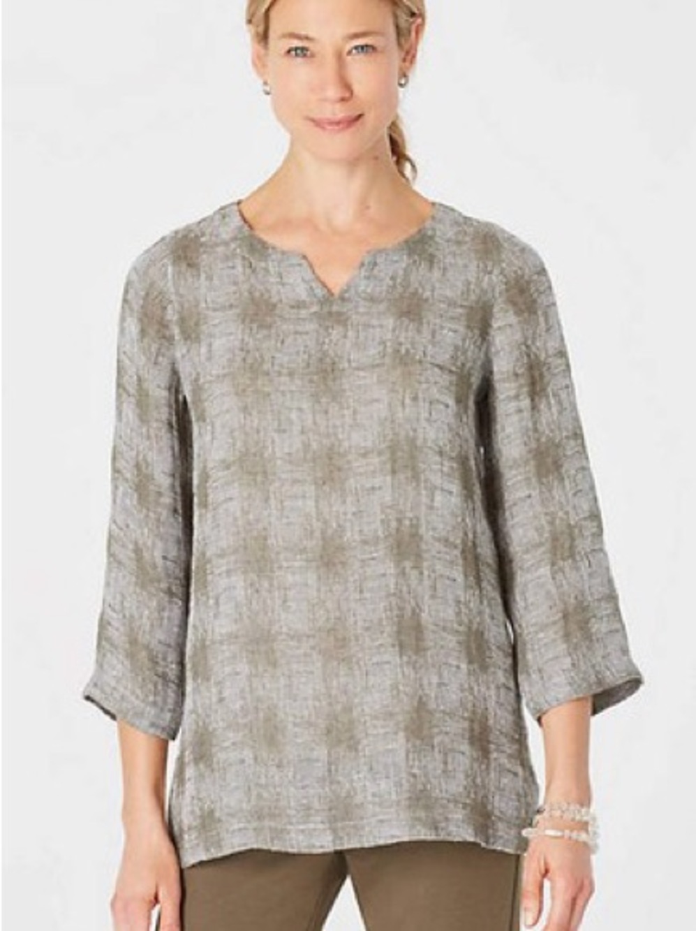 Pure Jill Linen Blend Grey Olive Green Notched V Neck Tunic Size Large